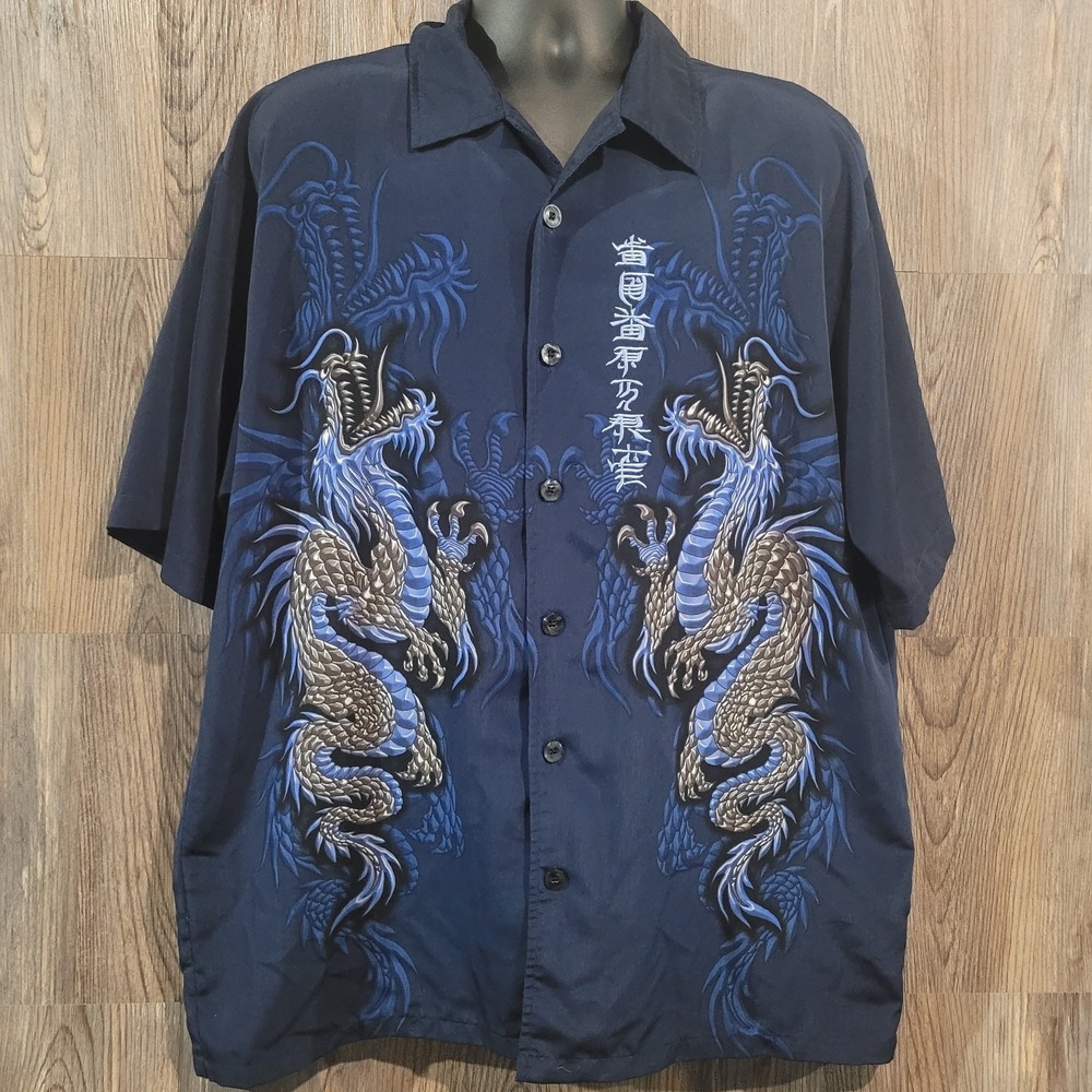 ODO Asian Dragon Shirt XL Navy Blue Embroidered Chinese Y2K Streetwear Skater